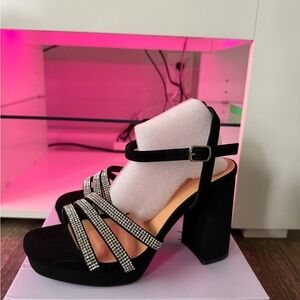 TOP Moda Black Rhinestone Strappy Block Heels